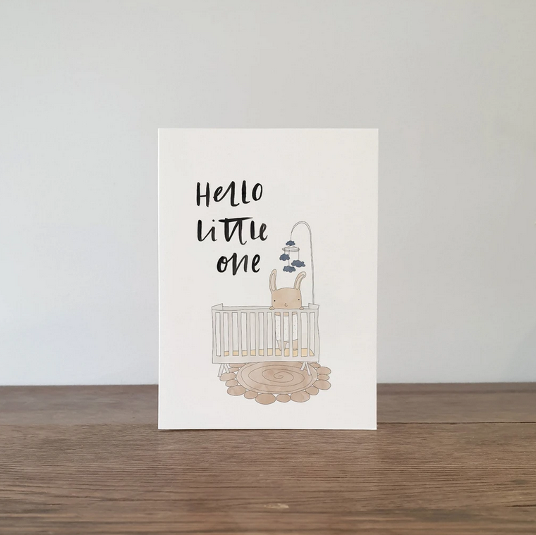 Hello Little One - Baby in Cot Greeting Card - FrenchWillow