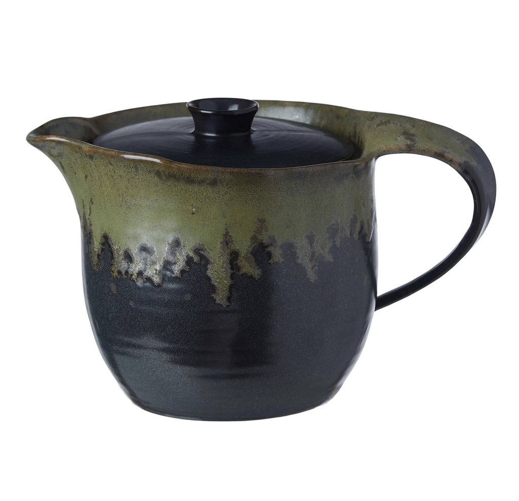 Glazed Stoneware Teapot - Black Green Glaze