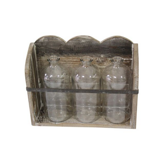 Glass Bottles in Wooden Scalloped Stand - FrenchWillow