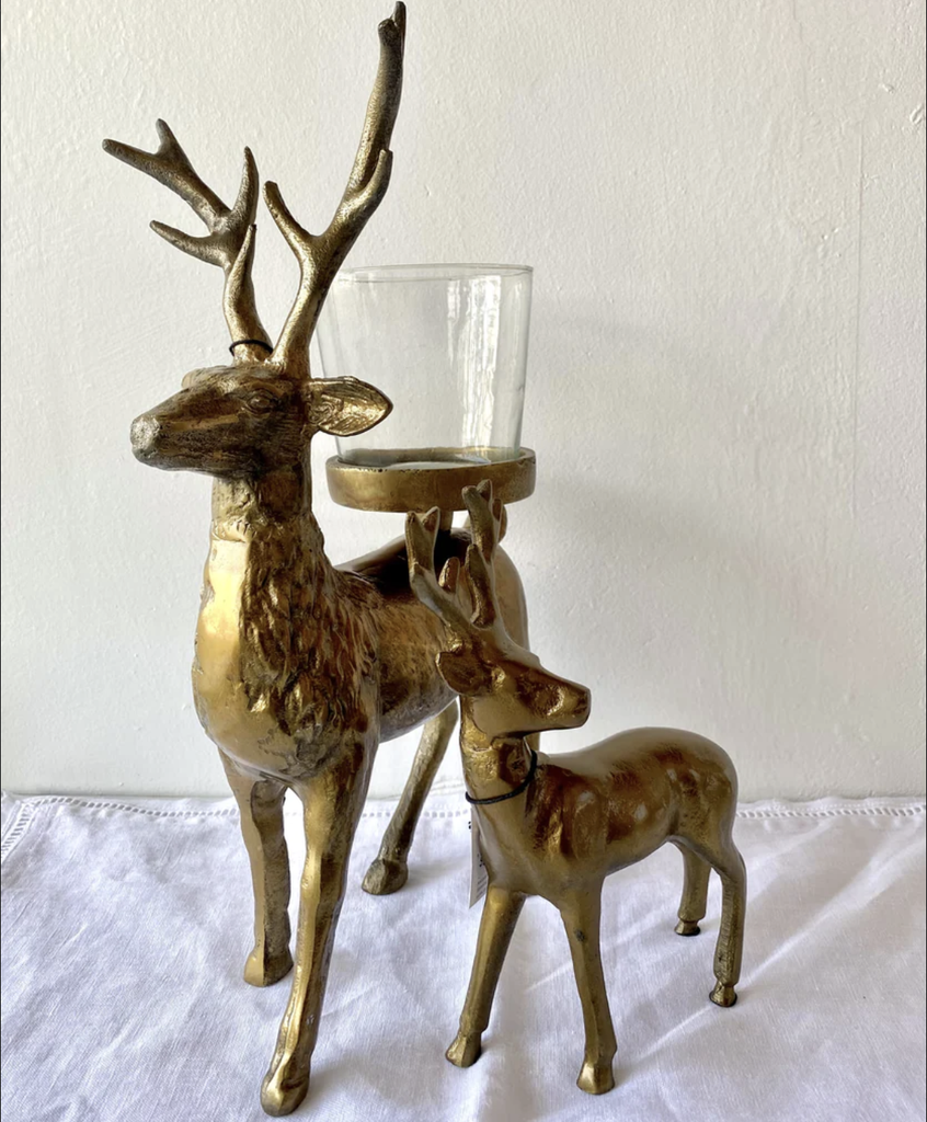 Aged Gold Standing Deer - Candle Holder with Glass Vessel - FrenchWillow